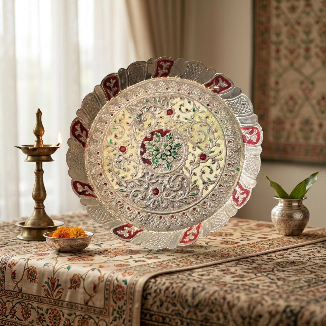 Antique Enamel Work Silver-Plated Puja Thali & Peacock Singhasan Set | Handcrafted Decorative Pooja Set | Made in 1969
