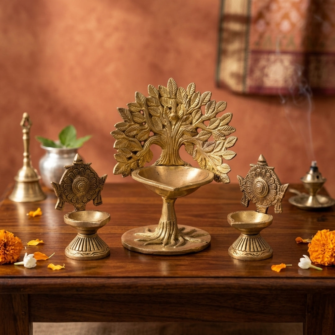 Antique Brass Ritual Diya Set of 3 with Tree of Life & Chakra Motifs | Solid Brass Traditional Oil Lamp Trio | Made in 1978