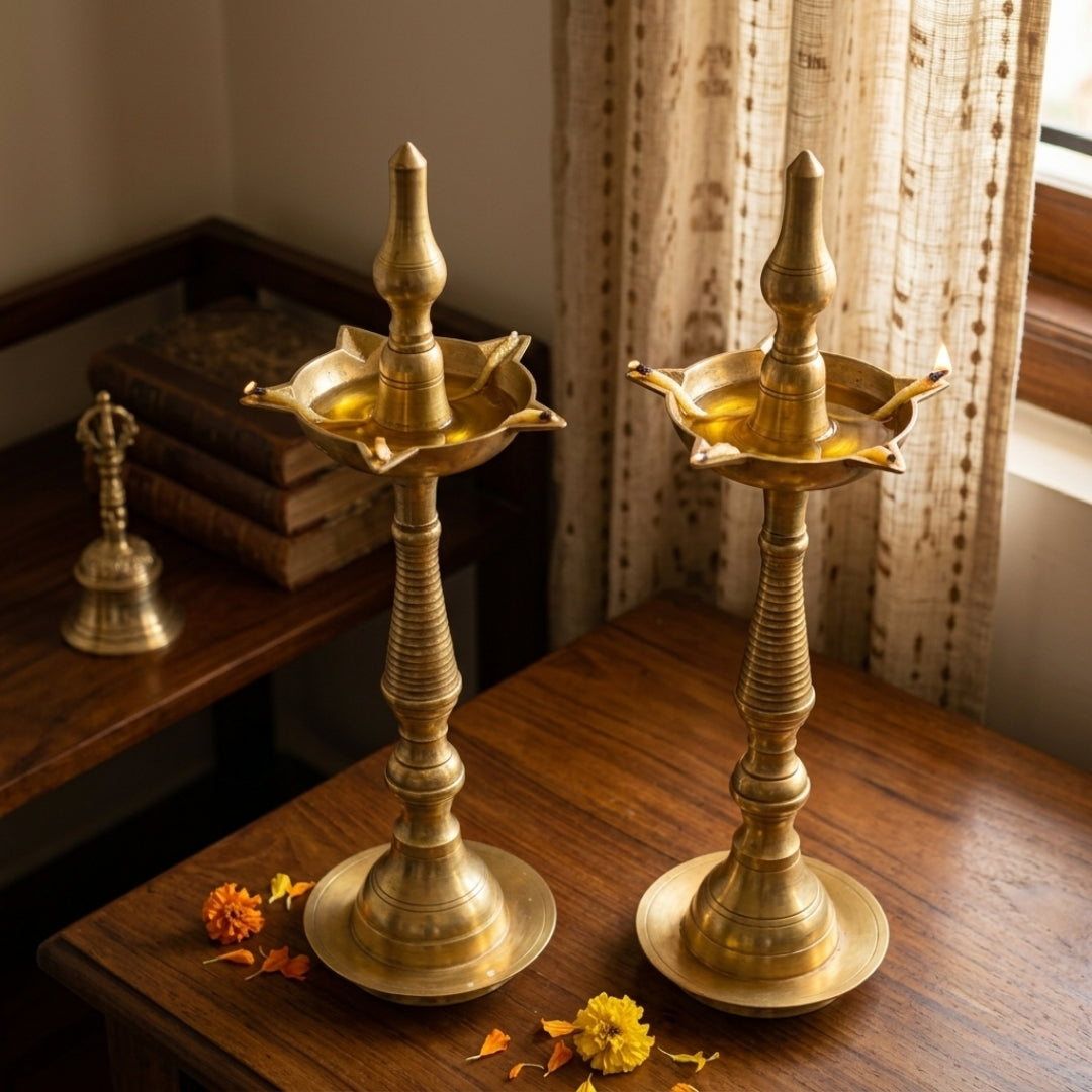 Antique Brass Samai Diya Stand Set | Solid Brass Traditional Standing Oil Lamp Pair | Made in 1983