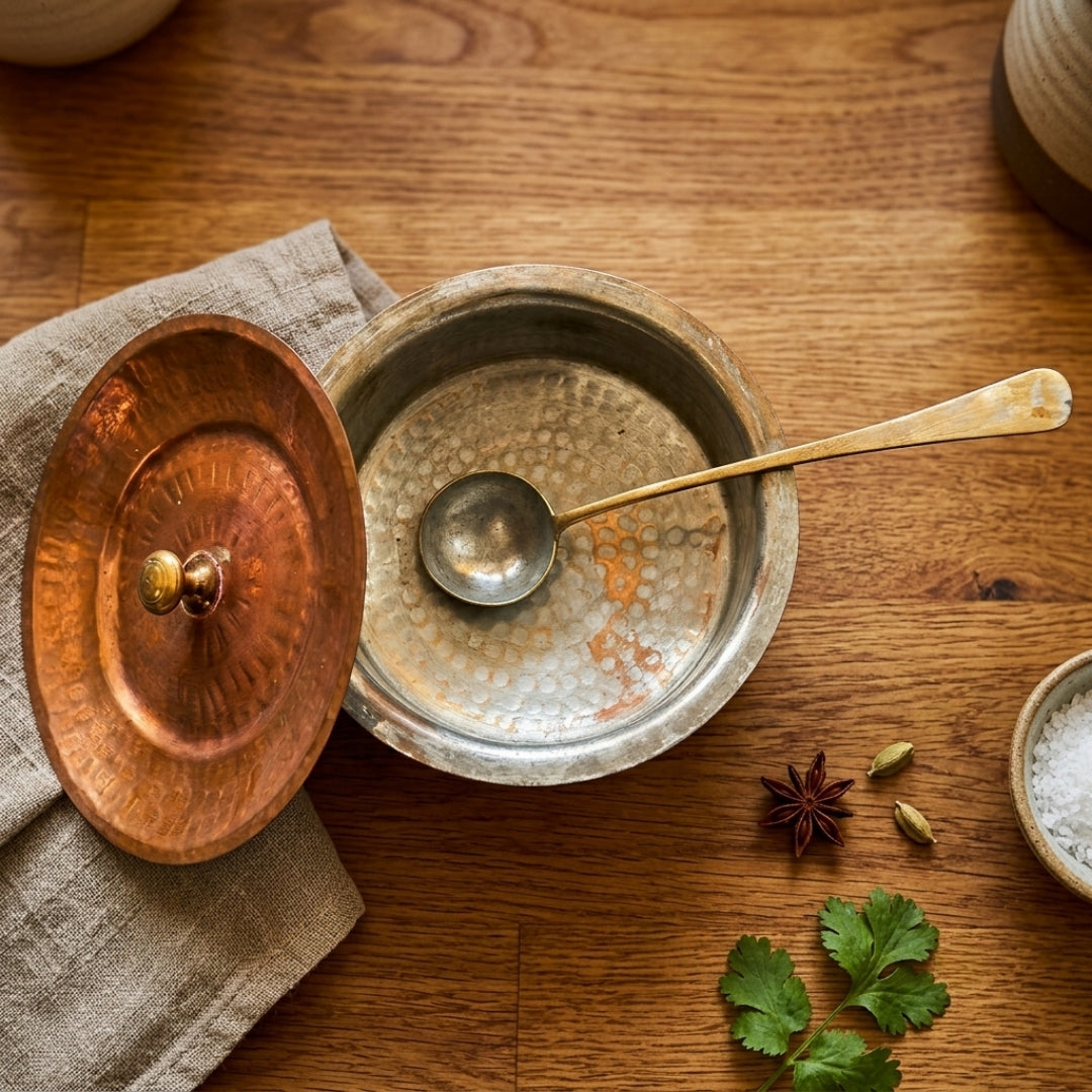 Antique Brass & Copper Serving Bowl with Lid & Spoon | Hand-Hammered Traditional Metal Cookware Set | Made in 1979