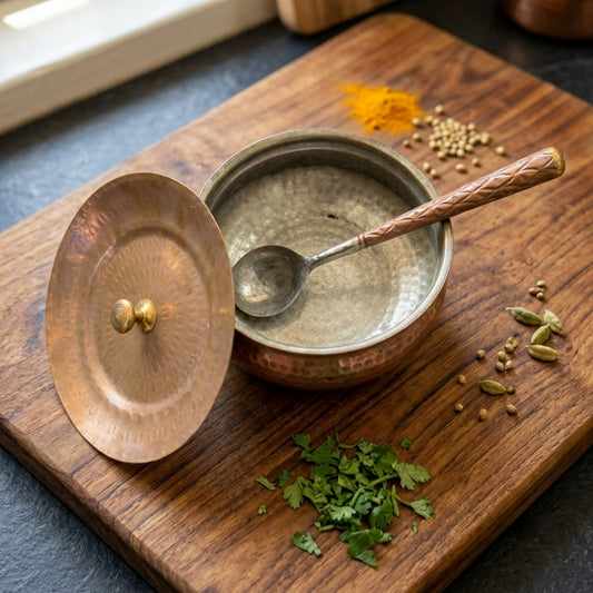 Antique Copper Hand-Hammered Handi Serving Bowl with Lid & Spoon | Traditional Copper Cookware Set | Made in 1980 - Bombay Antiques