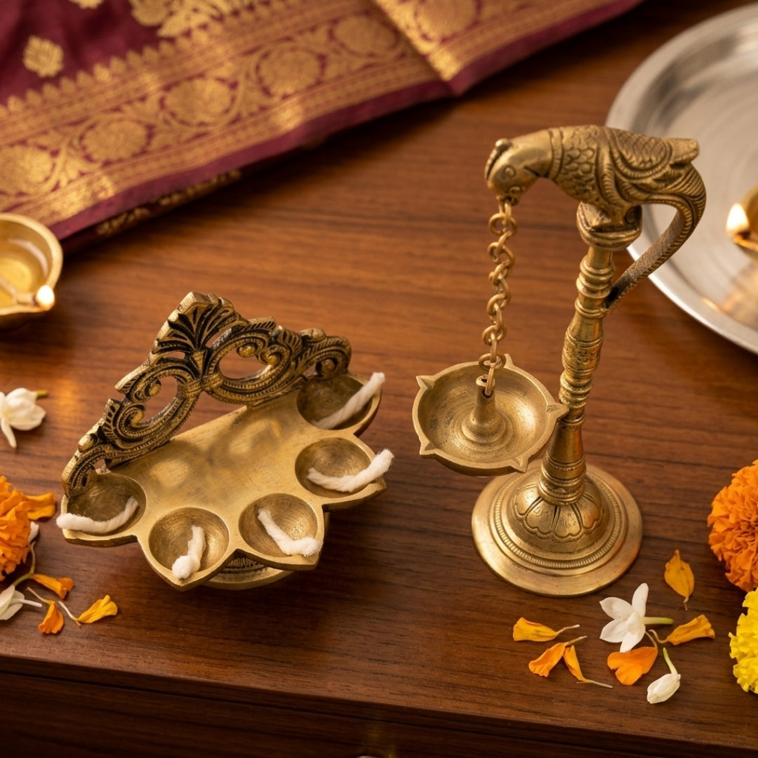 Antique Brass Ceremonial Diya Set | Multi-Wick Panch-Aarti & Hanging Bird Lamp | Made in 1981