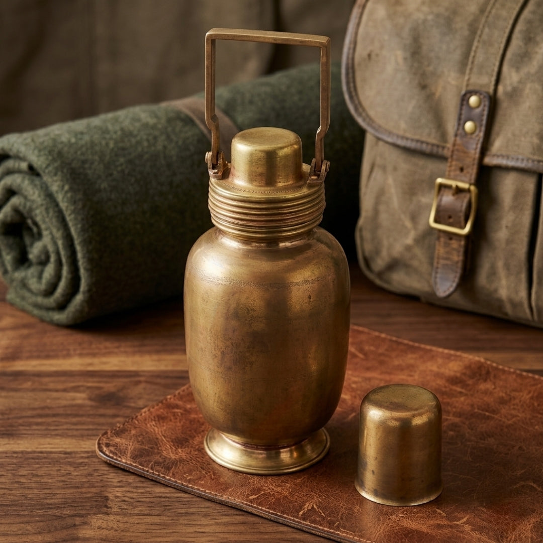 Antique Brass Travel Water Bottle with Tumbler Cup & Carrying Handle | Premium Antique Flask Set | Made in 1971