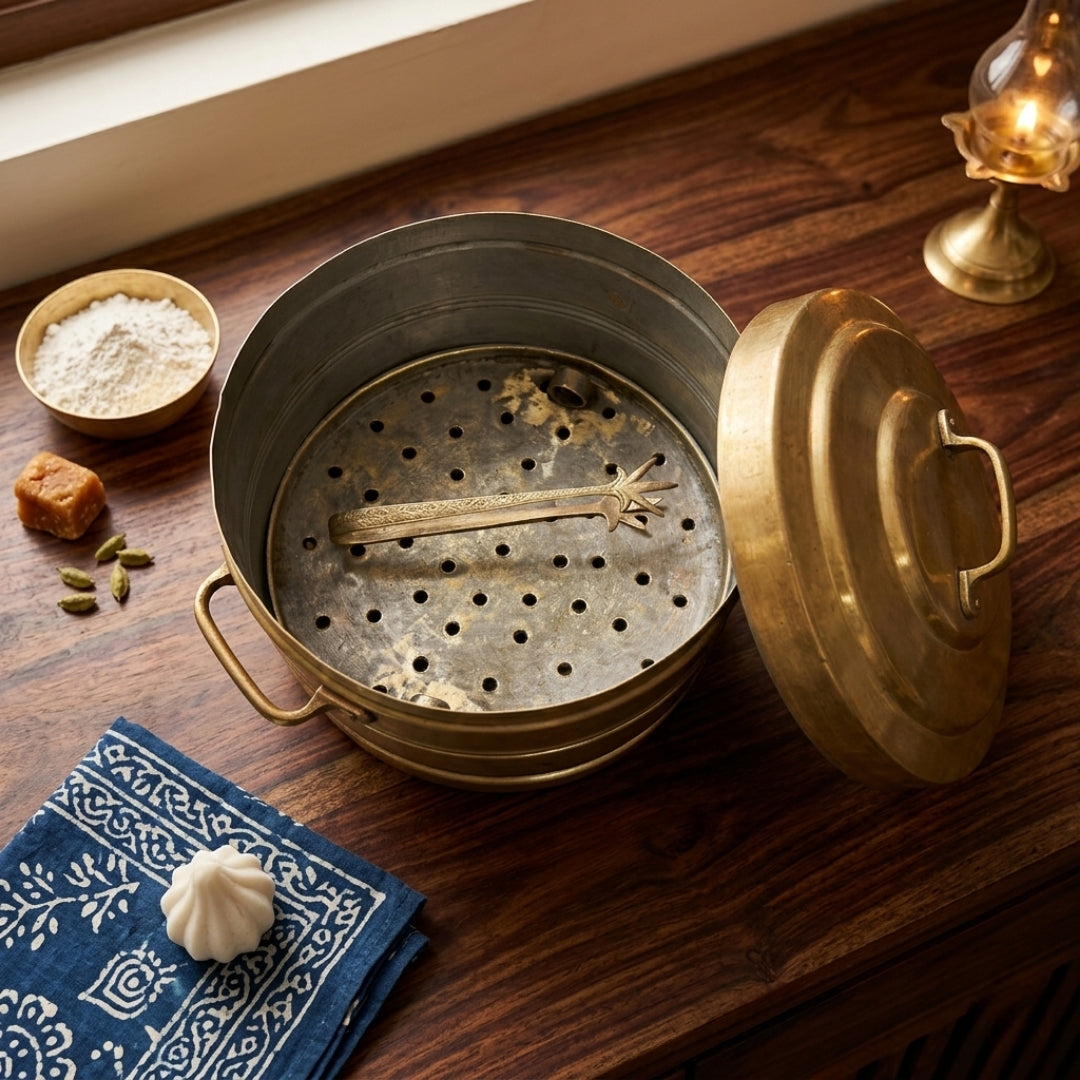 Antique Brass Steamer Pot Modak Patra Momo Maker with Lid and Handles | Traditional Steaming Vessel | Made in 1970