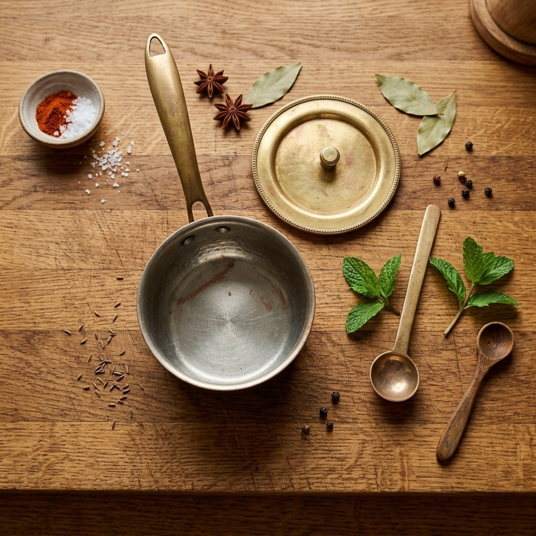Antique Brass Cooking Saucepan with Handle, Lid & Ladle Set | Made in 1979