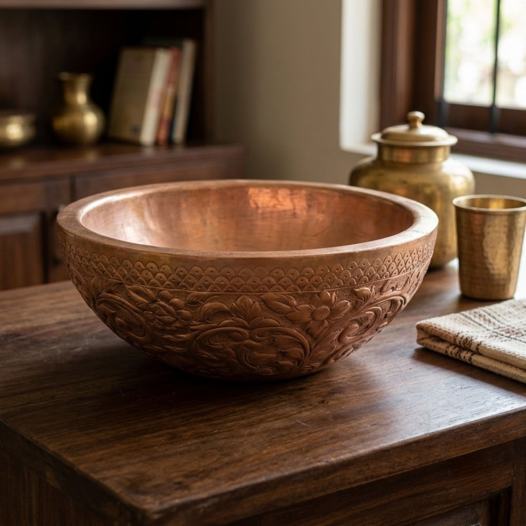 Antique Copper Wash Basin Sink | Hand-Carved Floral Bowl Platter | Made in 1969