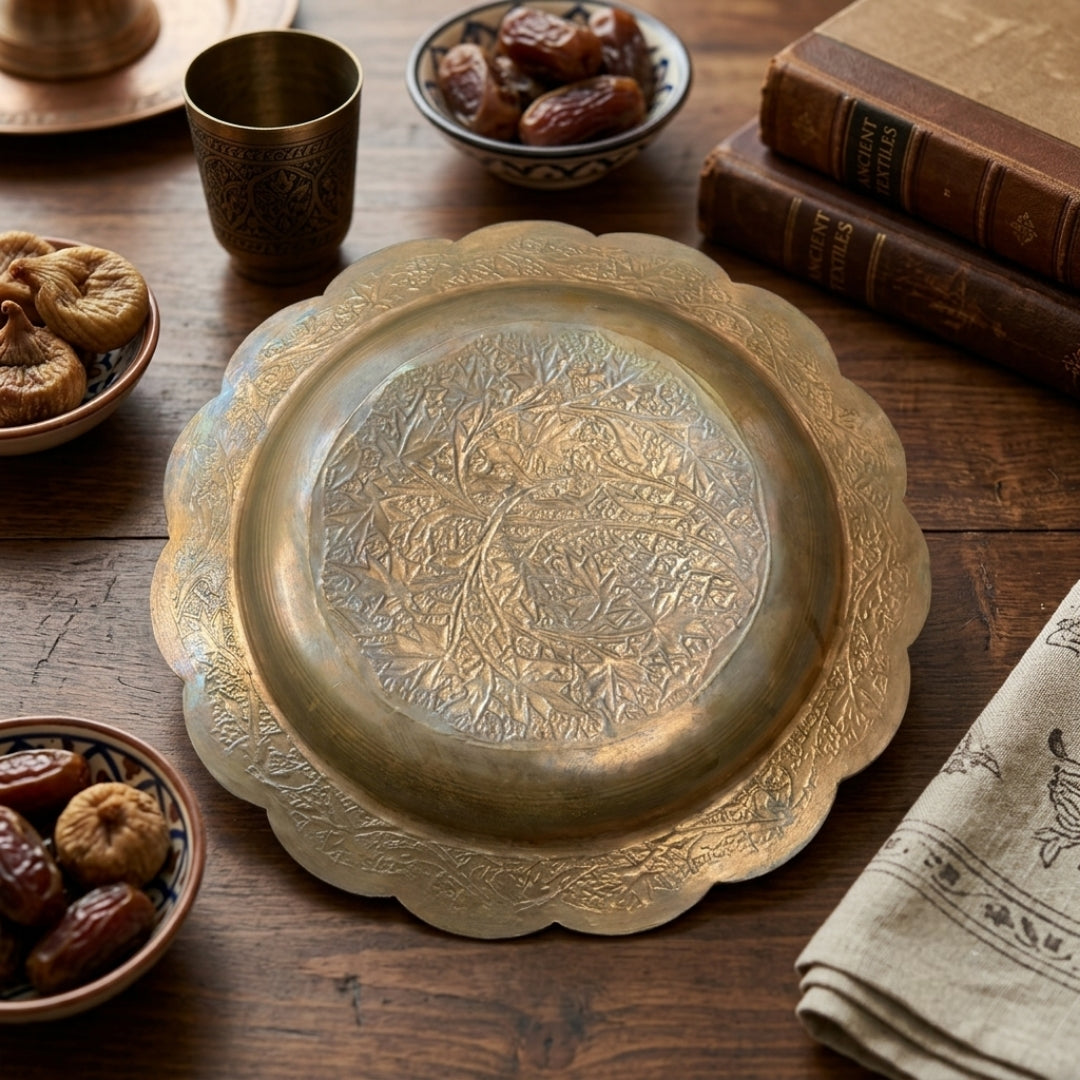 Antique Copper Hand-Engraved Decorative Plate Tray | Scalloped Floral Serving Platter | Made in 1970s