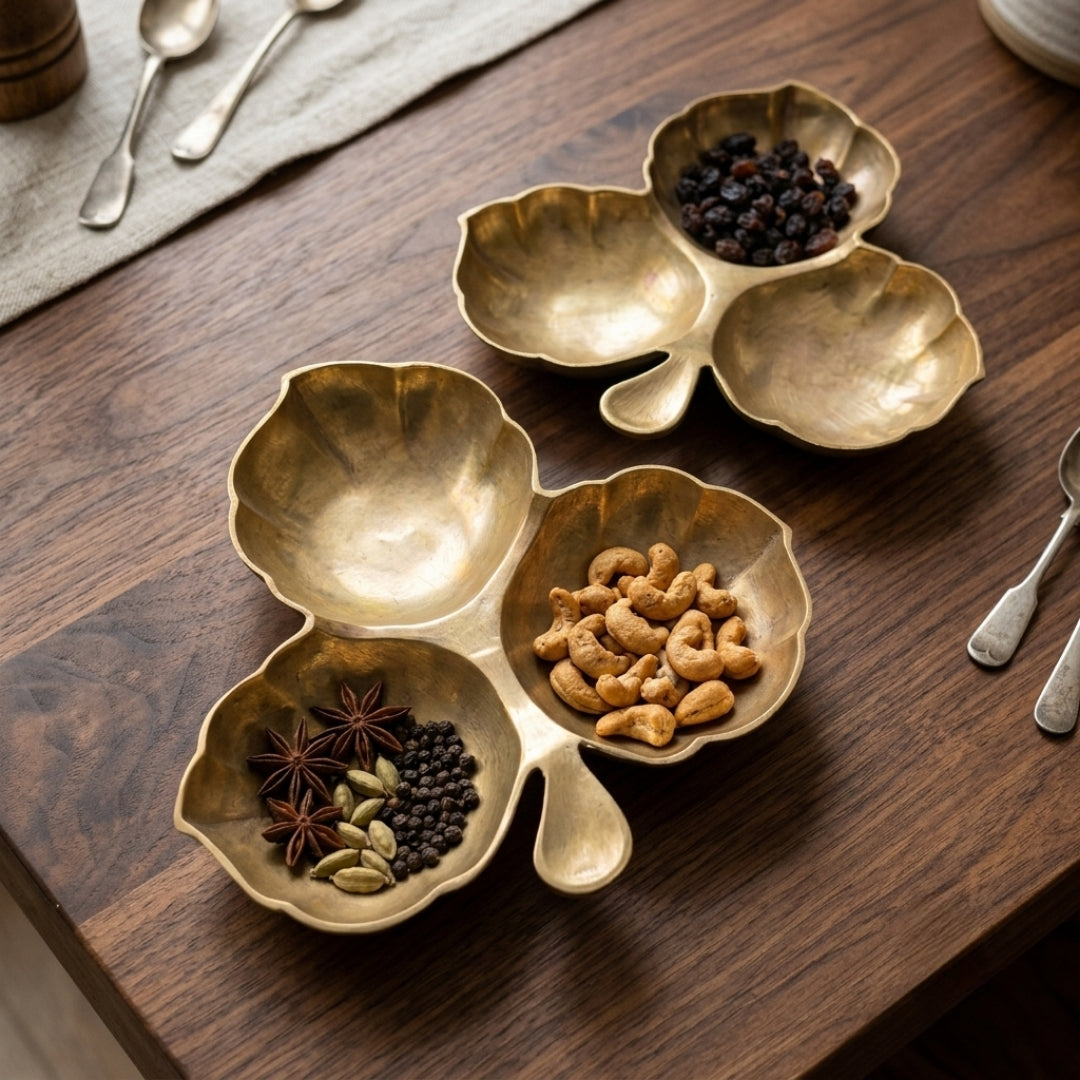 Antique Brass Leaf-Shaped 3-Compartment Serving Trays in Pair | Traditional Platter Set | Made in 1979