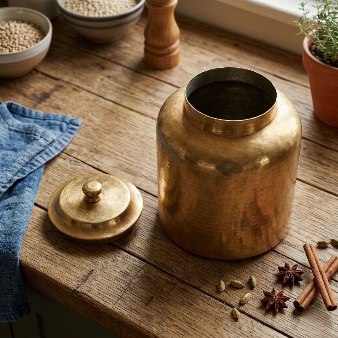 Antique Brass Kitchen Storage Jar Container with Lid | Traditional Spice Grain Storage Vessel Barni | Made in 1981