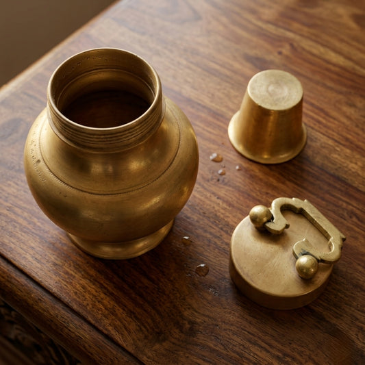 Antique Brass Gangajal Pot with Lid and Handle | Traditional Holy Water Vessel | Made in 1978 - Bombay Antiques