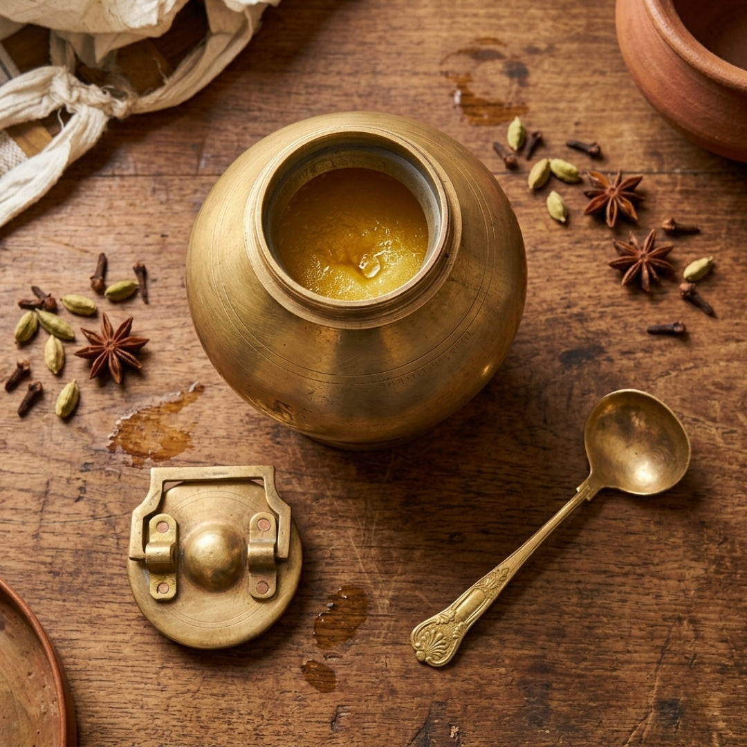 Antique Brass Ghee Container Pot with Latch Handle Lid | Traditional Storage Jar | Made in 1970
