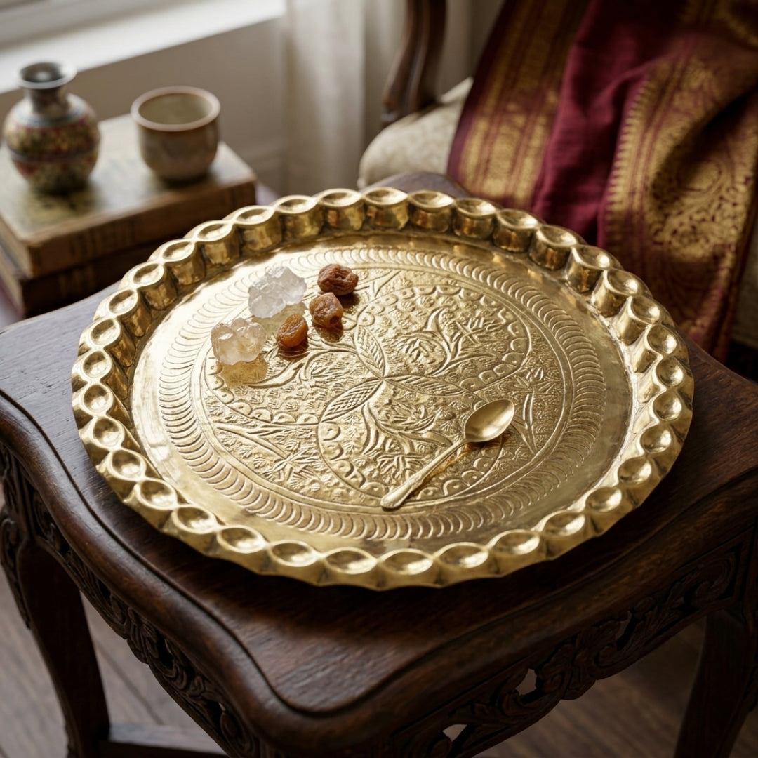 Antique Brass Handcrafted Engraved Decorative Plate | Made in 1975