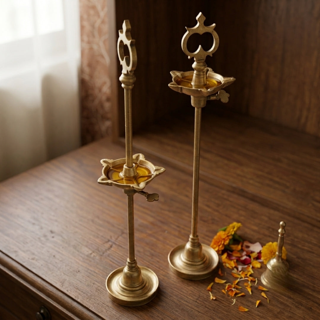 Antique Brass Samay Pair With Adjustable Oil Bowl | Made in 1970