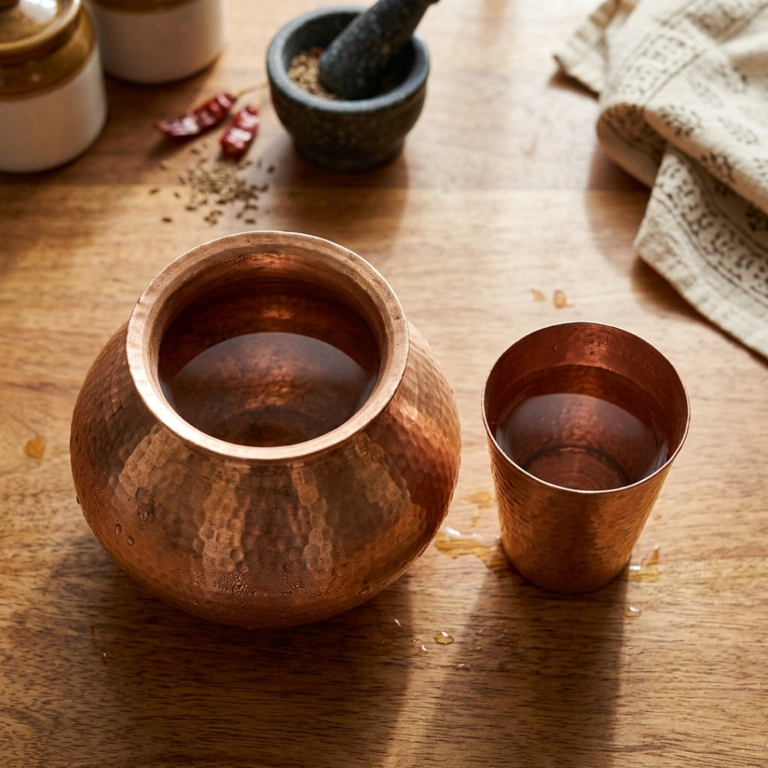 Antique Copper Kalash & Brass Glass Set | Traditional Water Vessel 1.5L | Made in 1970