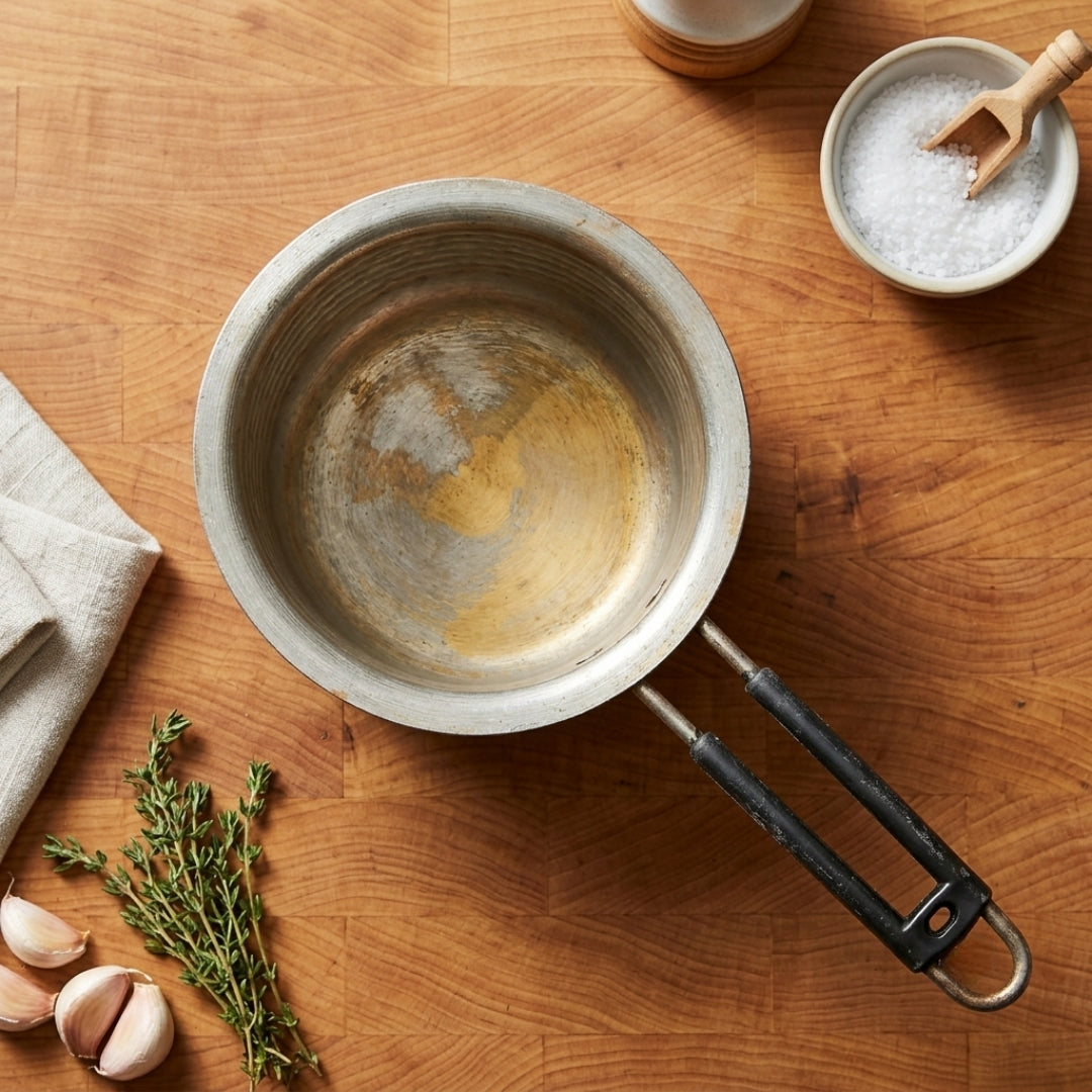 Antique Brass Saucepan Tapeli with Long Handle | Traditional Hand-Hammered Sauce Pot | Made in 1977