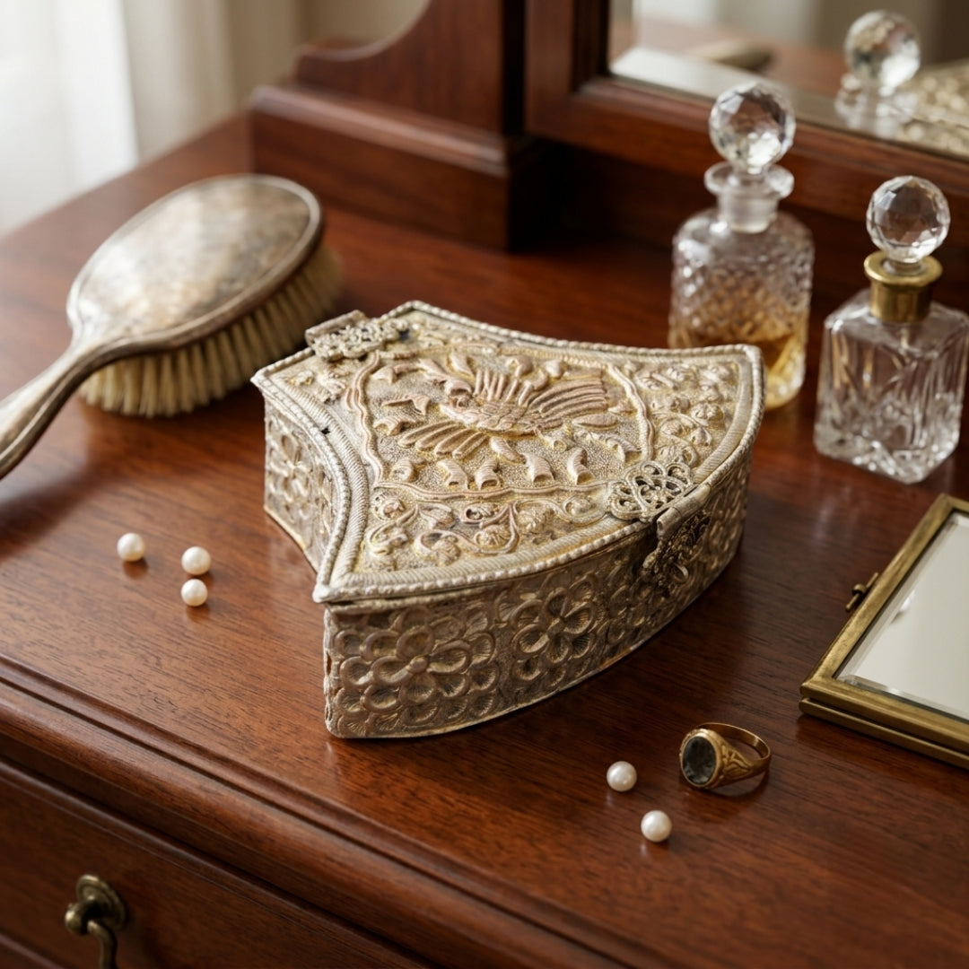 Antique Brass Silver-Coated Engraved Peacock Jewelry Box | Traditional Keepsake Casket | Made in 1961