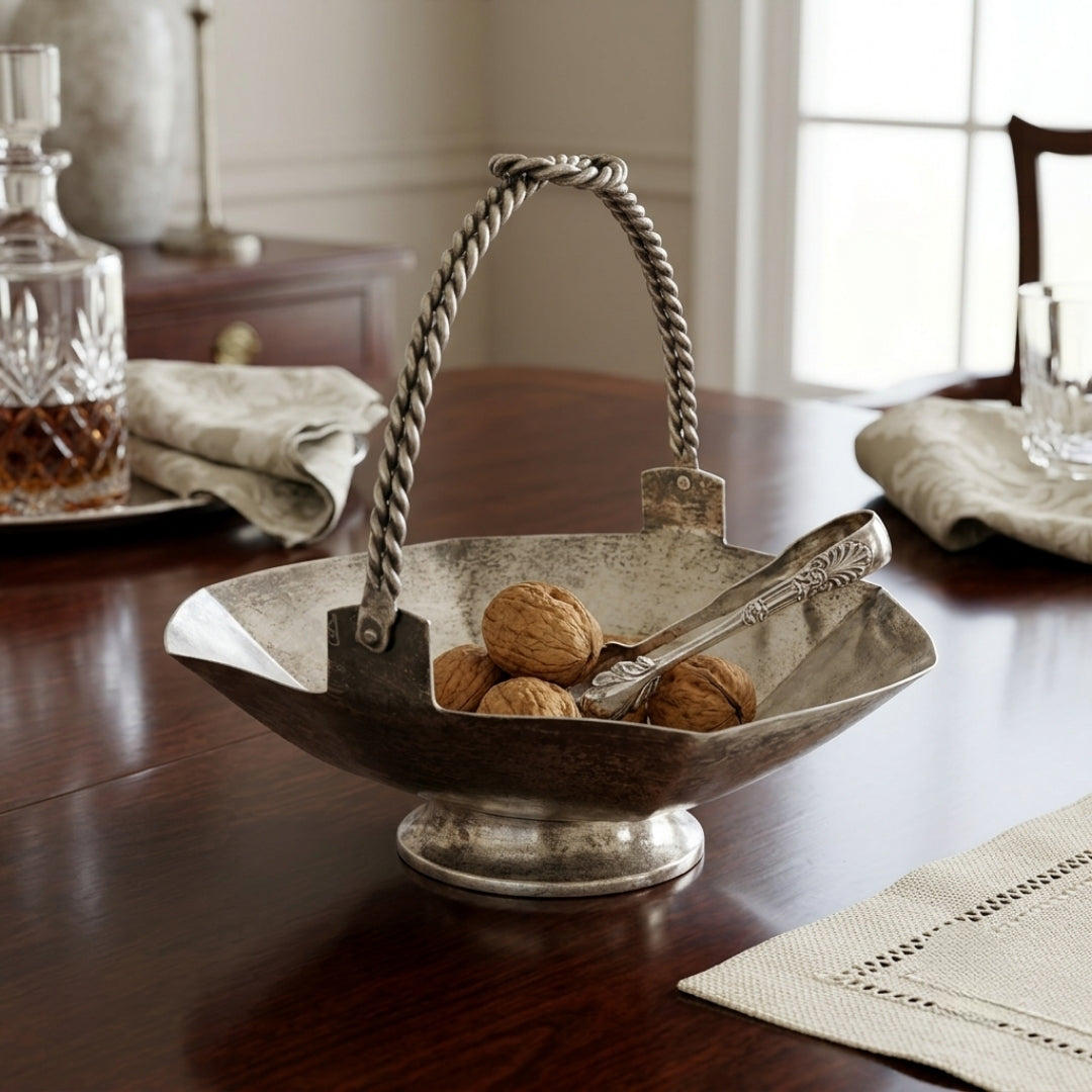 Antique Brass Silver-Coated Handle Basket Tray | Traditional Pedestal Serving Bowl | Made in 1966