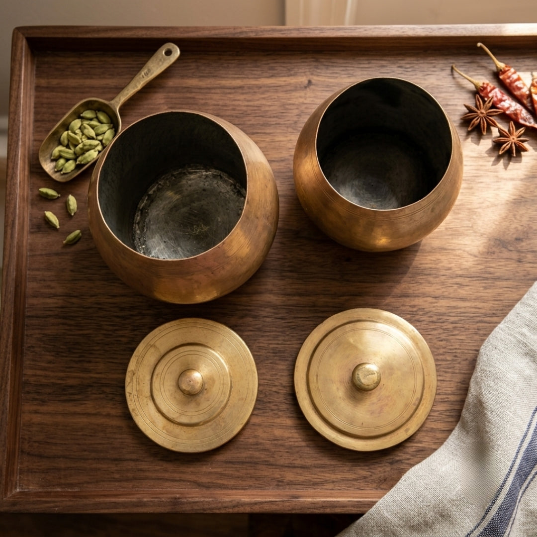 Antique Brass Water Pot Pair with Lids | Traditional Handcrafted Storage Jars | Made in 1970