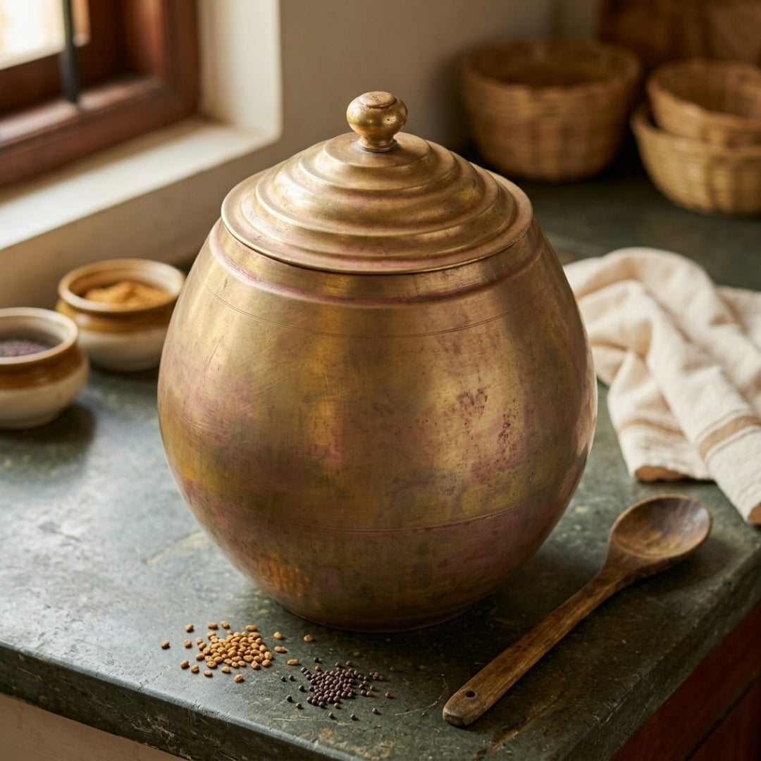Antique Brass Large Storage Pot Matka with Lid | Traditional Handcrafted Grain Jar | Made in 1979