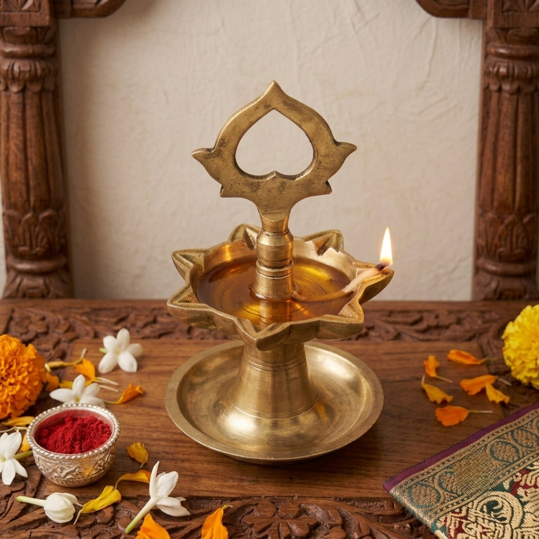 Antique Brass Samai Oil Lamp | Traditional Handle Diya | Made in 1980