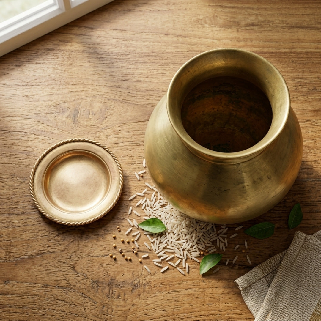 Antique Brass Kalash Water Vessel with Lid | Traditional Handcrafted Ritual Pot | Made in 1980