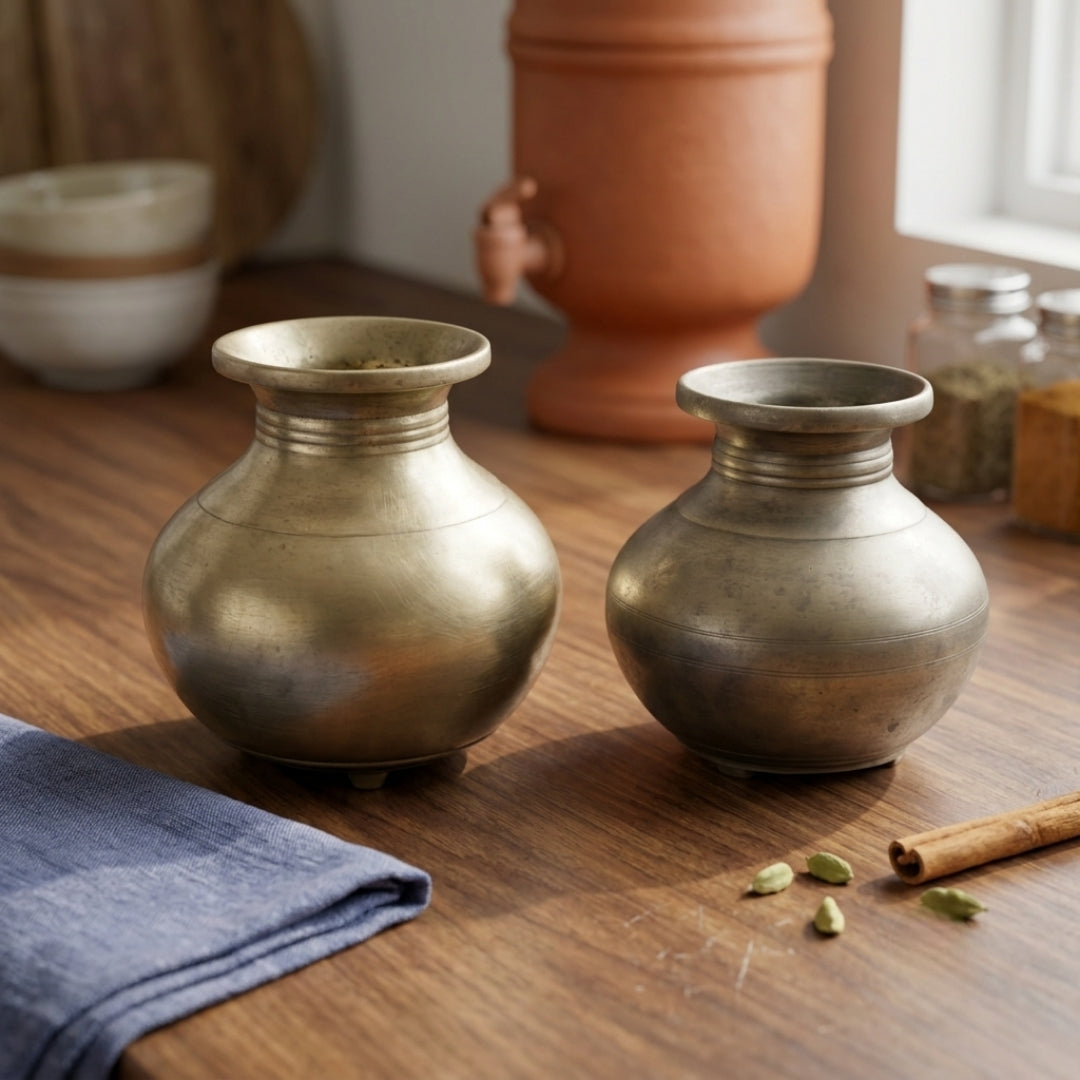 Antique Bronze Kalash Pair | Traditional Handcrafted Ritual Water Pots | Made in 1979