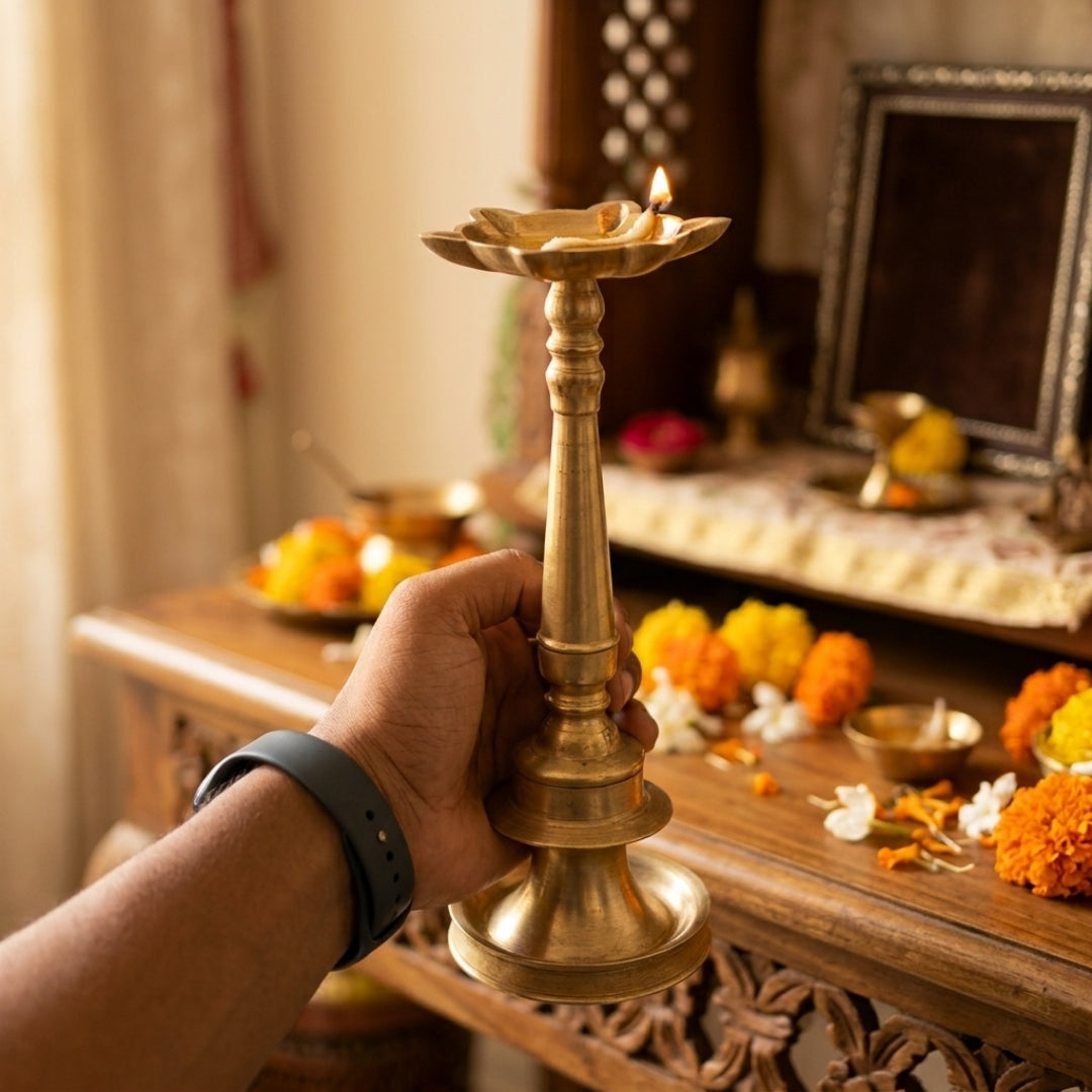 Antique Brass Samai & Handheld Diya Set | Traditional Ritual Oil Lamps | Made in 1974
