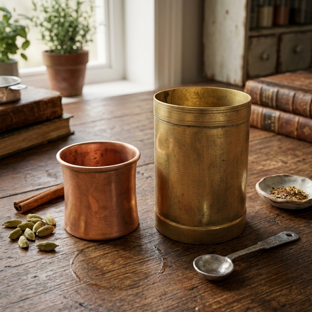 Antique Brass & Copper Seer Measuring Cup Set | Traditional Grain Measures (Set of 2) | Made in 1974