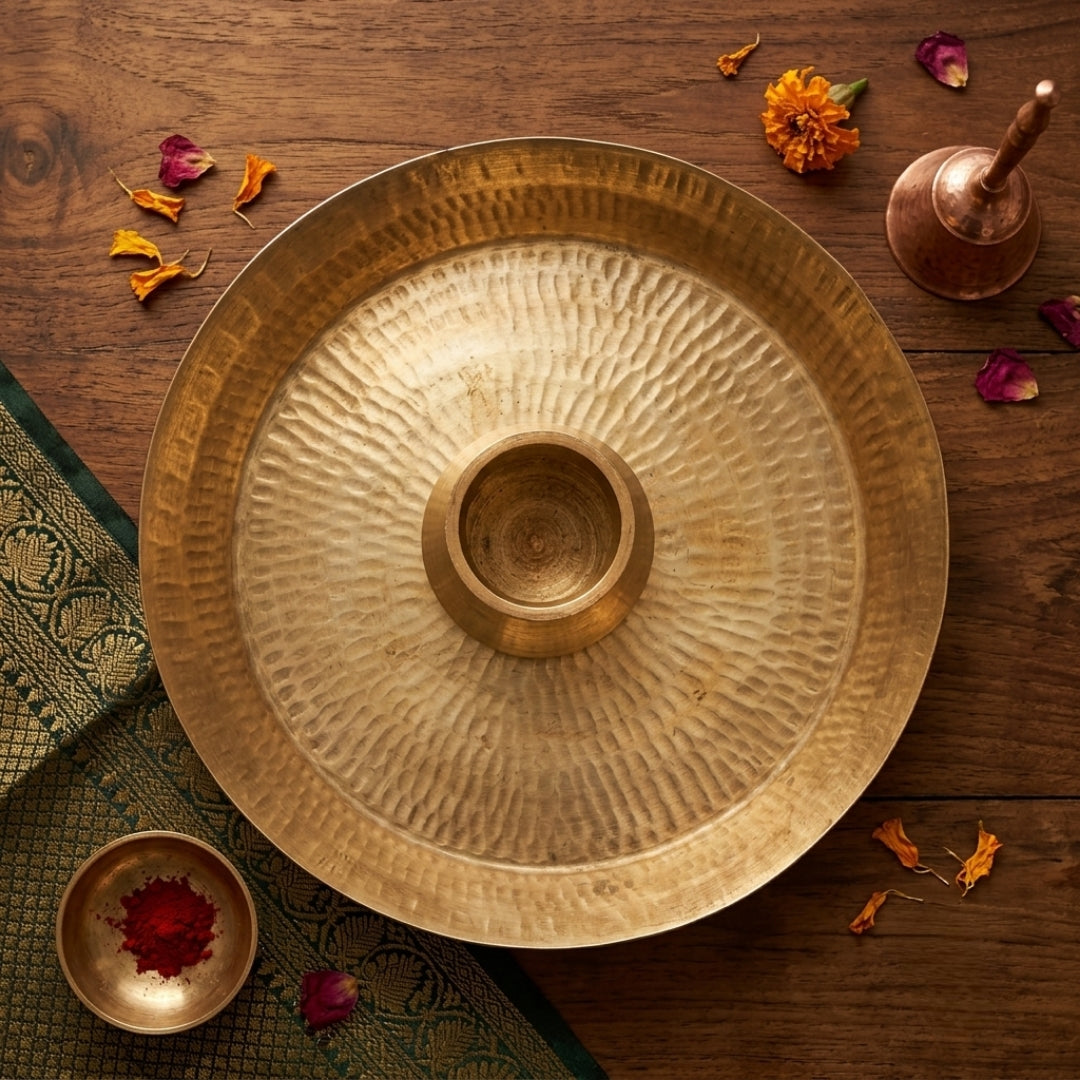Antique Brass Parat with Central Lota | Traditional Hand-Hammered Mixing Tray Set | Made in 1975