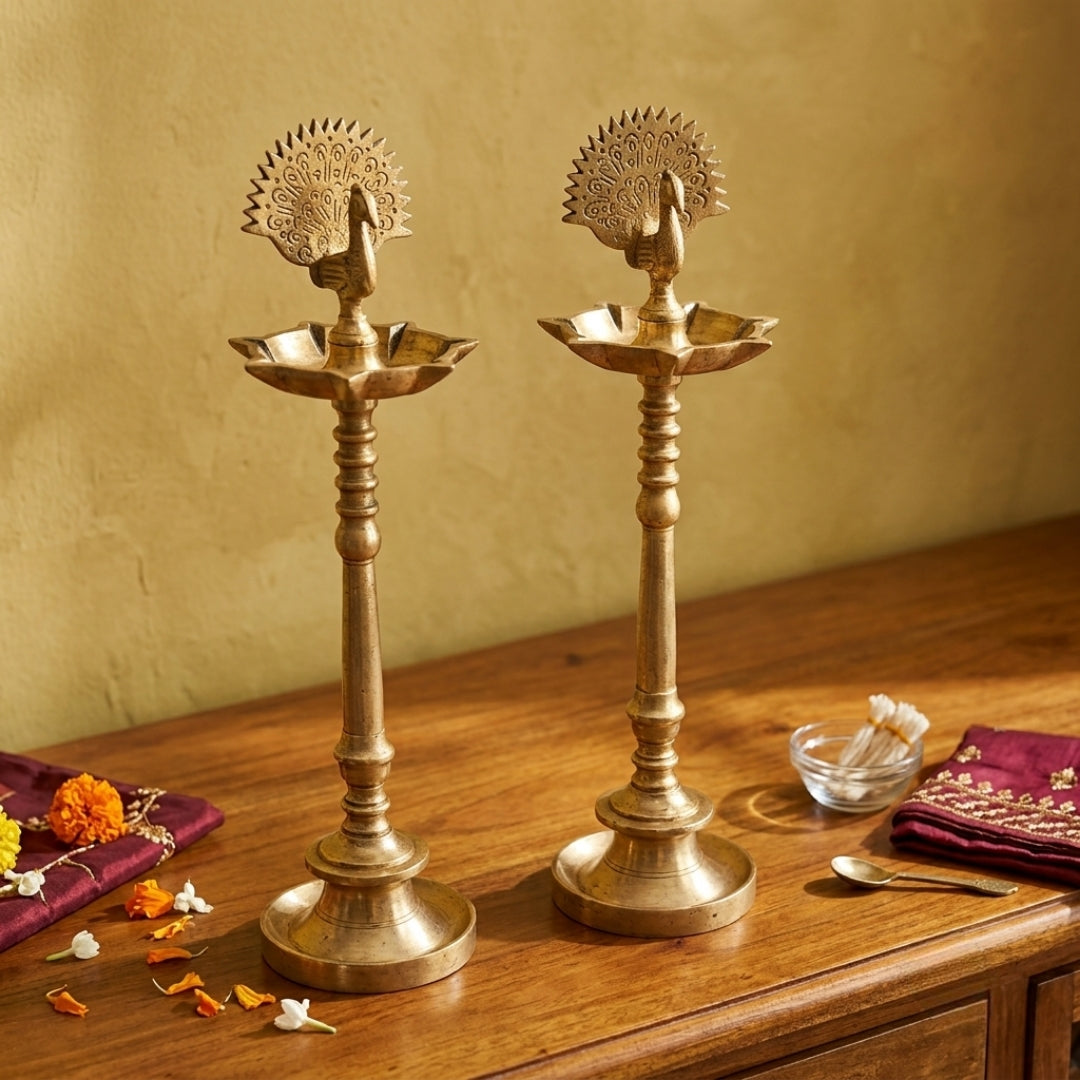 Antique Brass Heavy Peacock Samay Pair | Traditional Tall Floor Lamp Set | Made in 1977