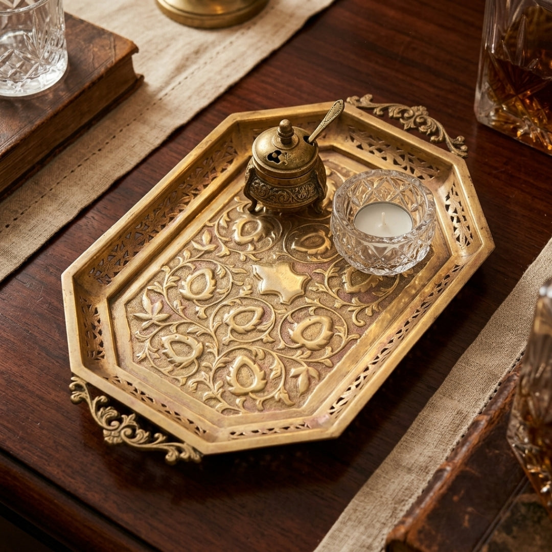Antique Brass Engraved Serving Trays | Hand-Carved Floral Motif Set of 2 | Made in 1977
