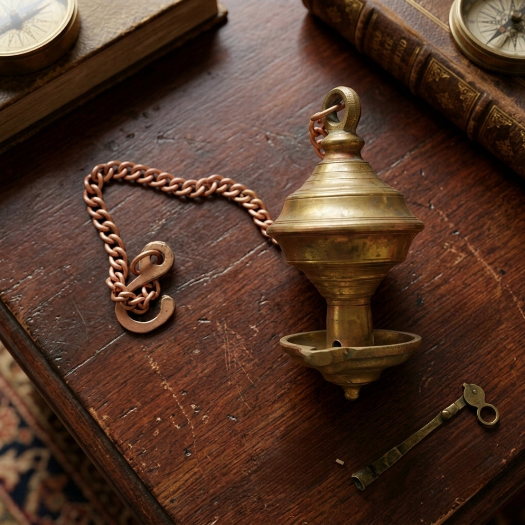 Antique Brass Hanging Diya | Traditional Oil Lamp with Chain | Made in 1974