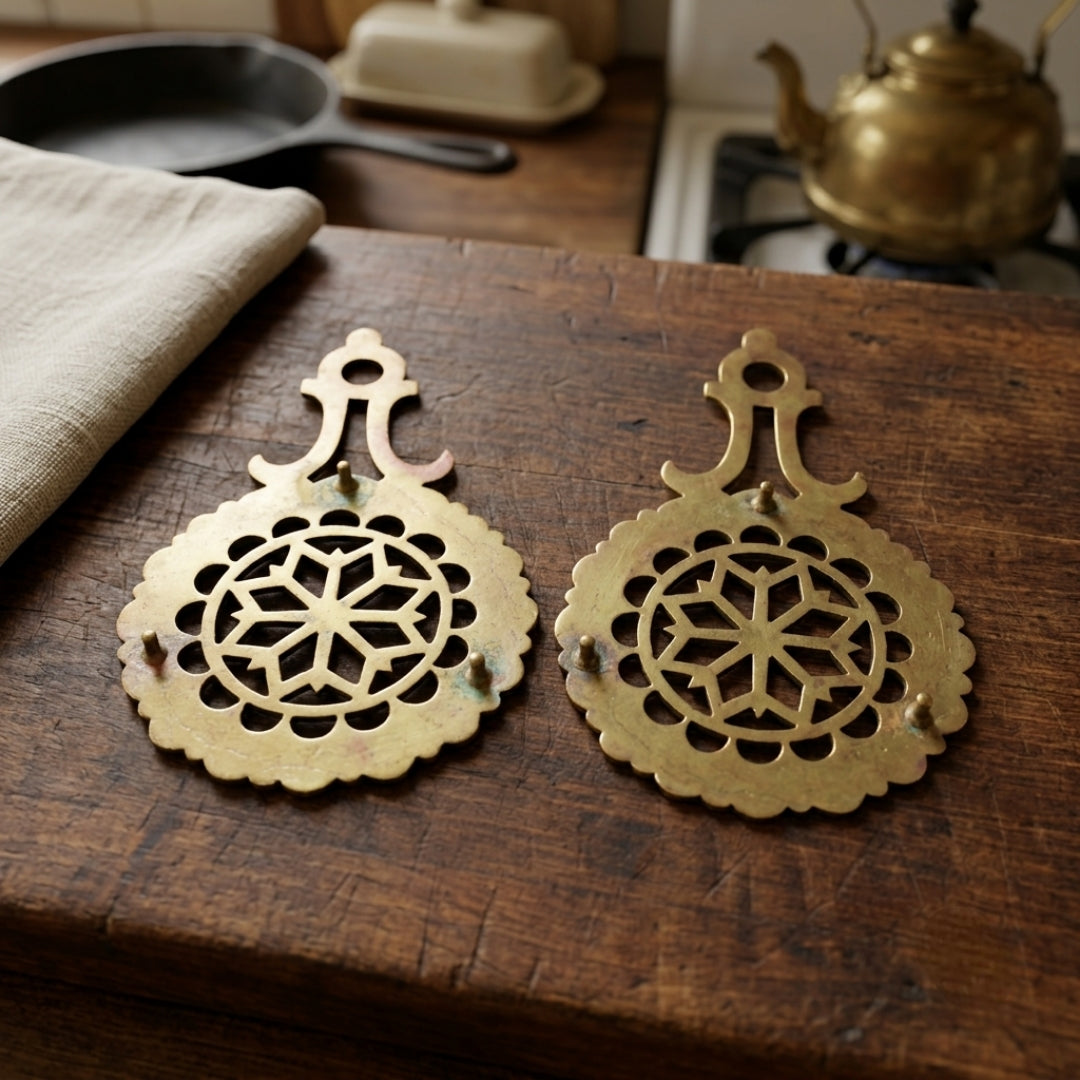Antique Brass Serving Utensil Trivet Stand Pair | Decorative Brass Hot Pad Coasters | Made in 1979