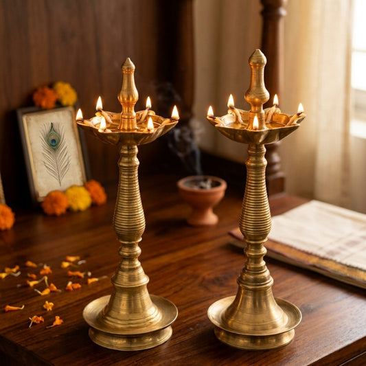 Antique Brass Samay Oil Lamp Pair | Traditional Standing Brass Diya | Made in 1980