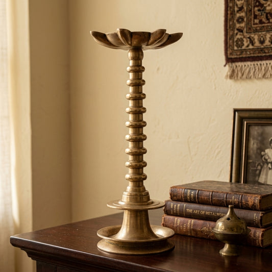 Antique Brass Tall Samay Oil Lamp | Decorative Brass Pedestal Pillar Lamp | Made in 1977