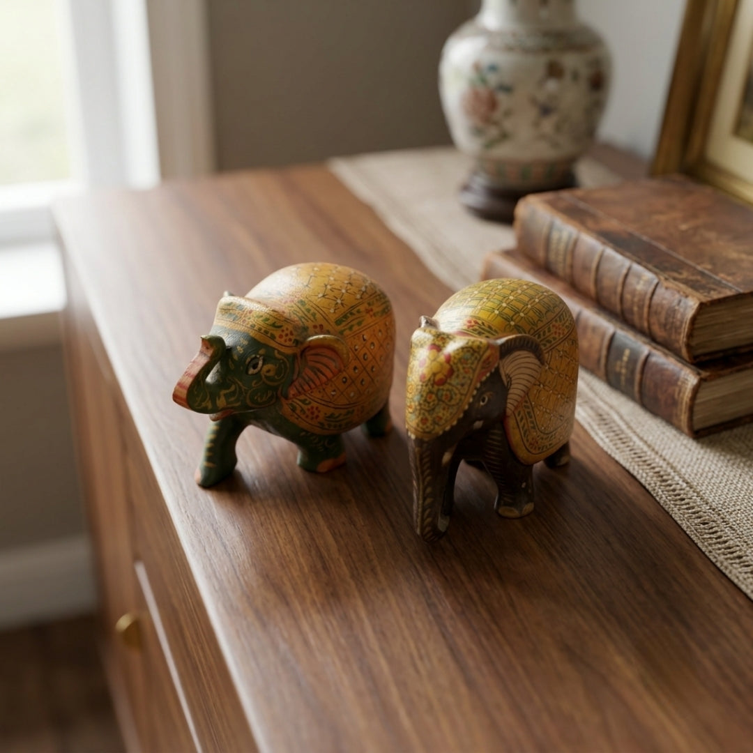 Antique Hand-Painted Wooden Elephant Pair | Traditional Wooden Elephant Figurines | Made in 1980