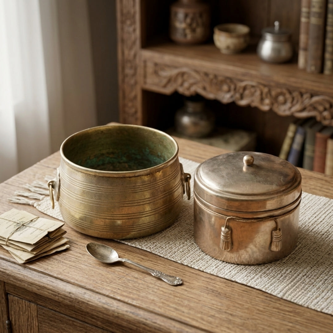 Antique Brass Storage Box with Planter | Premium Handcrafted Brass Set | Made in 1981