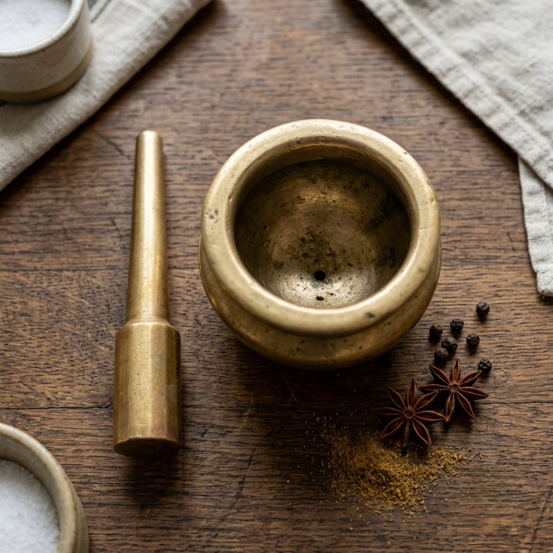 Antique Brass Engraved Heavy Khalbatta | Traditional Mortar & Pestle | Made in 1969