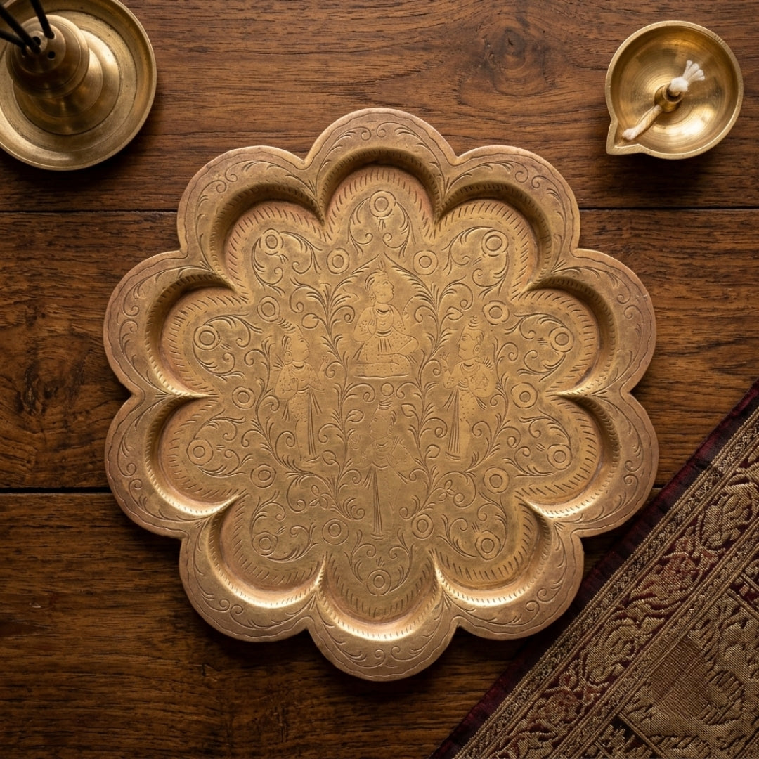 1973 Antique Brass Engraved Plate | Traditional Decorative Serving Tray | Made in 1973