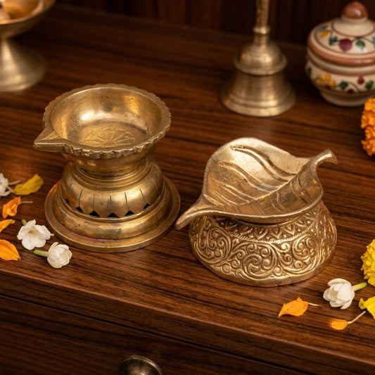 Antique Brass Engraved Leaf Diya Set | Traditional Ritual Oil Lamp Pair | Made in 1978