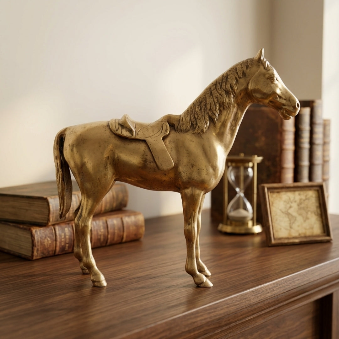 Antique Brass Horse Figurine | Traditional Equine Sculptural Accent | Made in 1969