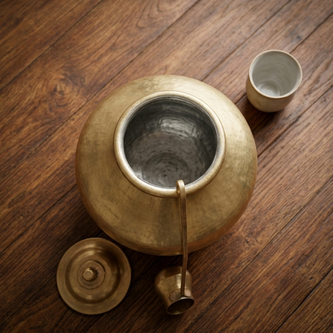 Antique Brass Cooking Pot with Lid, Ladle and Stand | Traditional Culinary Heritage Vessel | Made in 1970