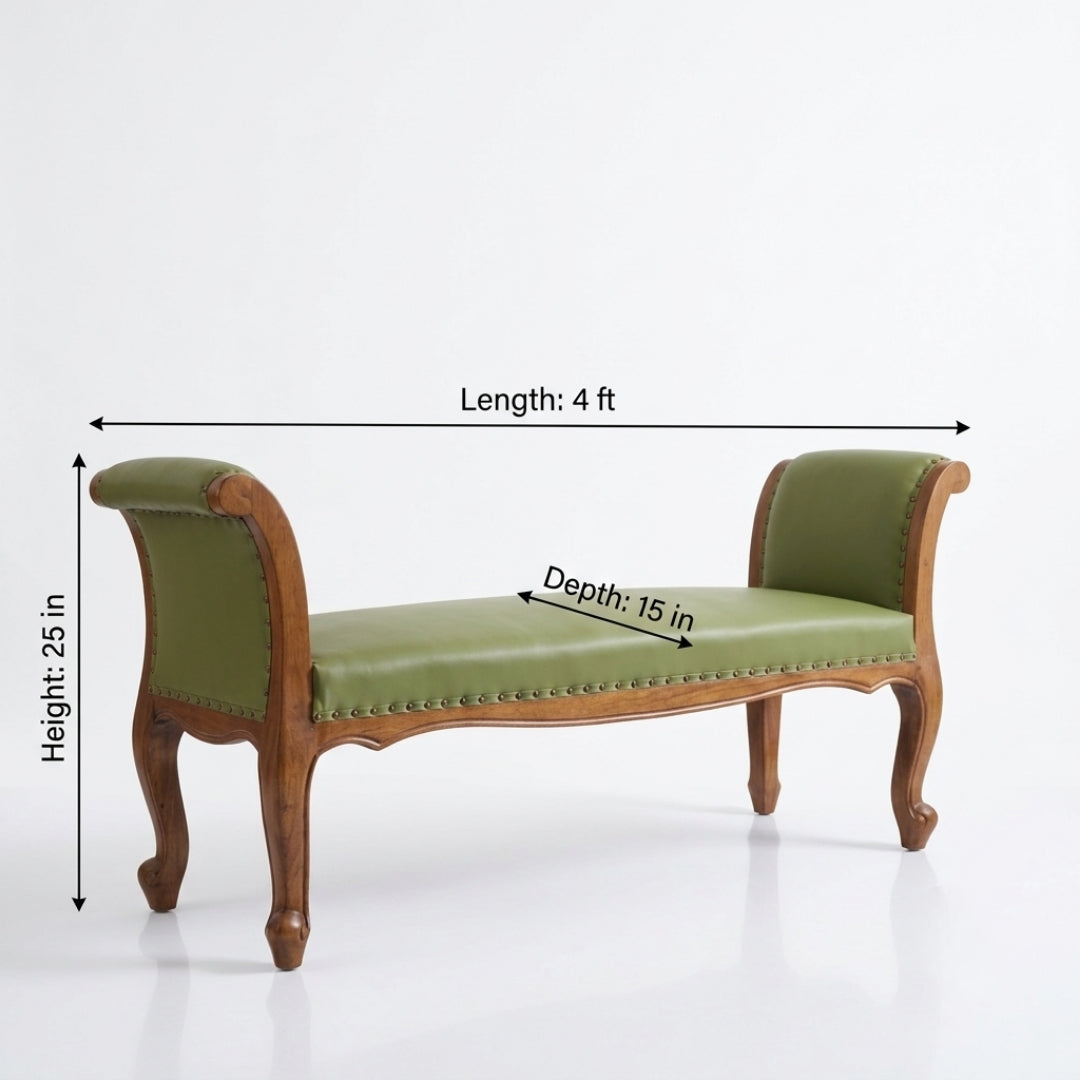 Antique Sagwan Teak Wood Green Upholstered Recamier Bench | Solid Teak Colonial Lounge Bench | Inspired by Indo-Portuguese Design | 1970s