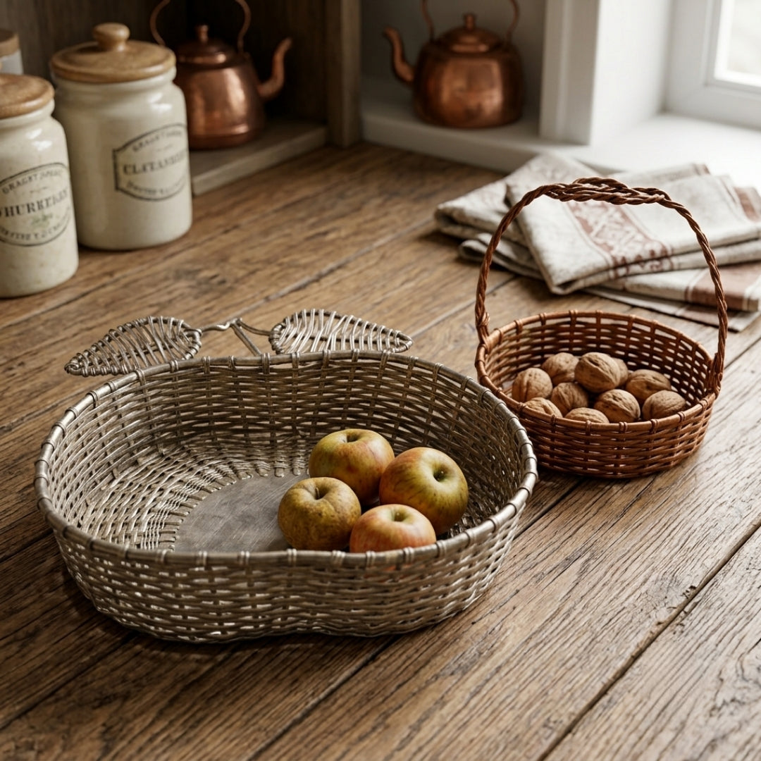 Antique Brass Woven Basket Pair | Traditional Decorative Storage Baskets | Made in 1966