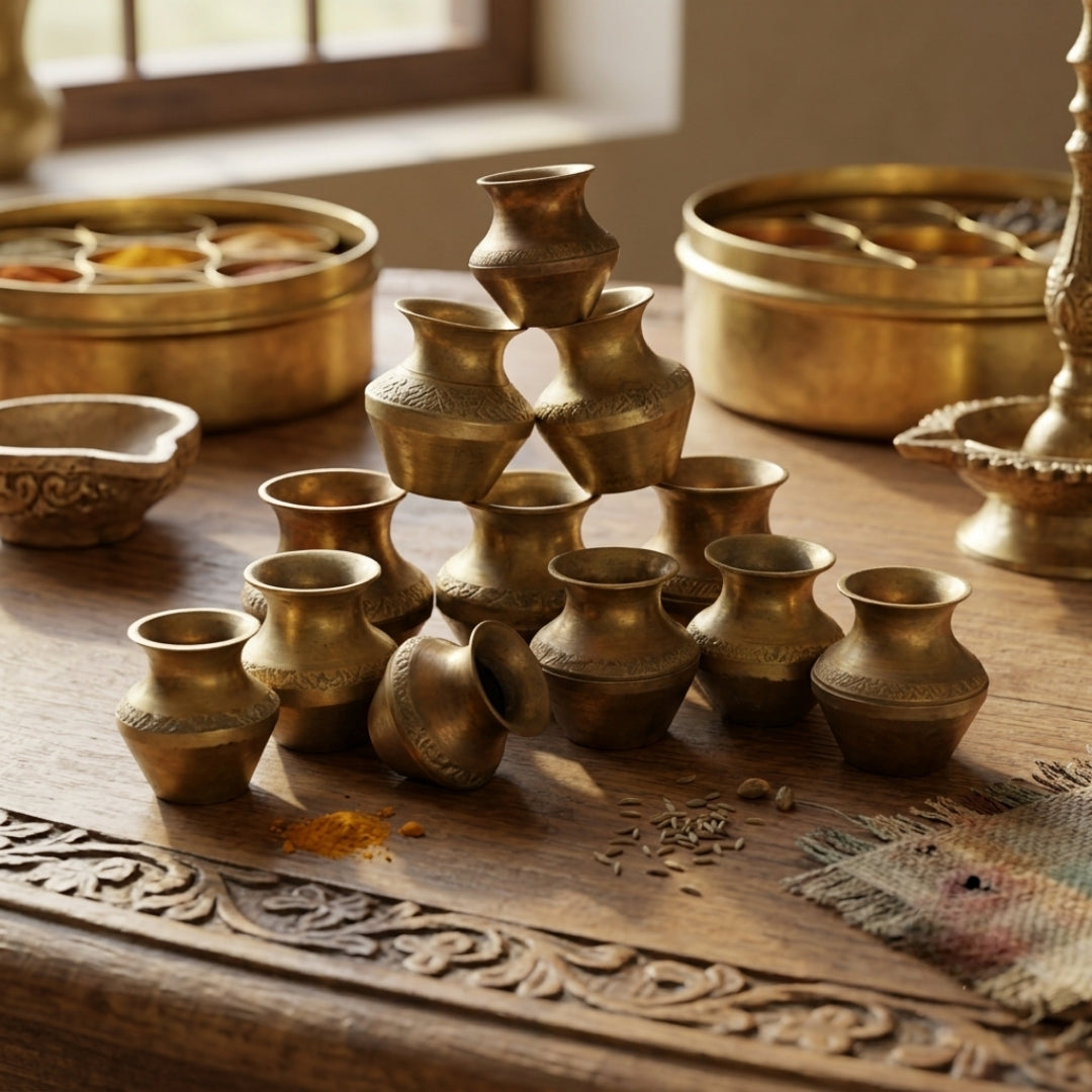 Antique Brass Miniature Kalash Set of 12 | Traditional Ritual Pot Collection | Made in 1960