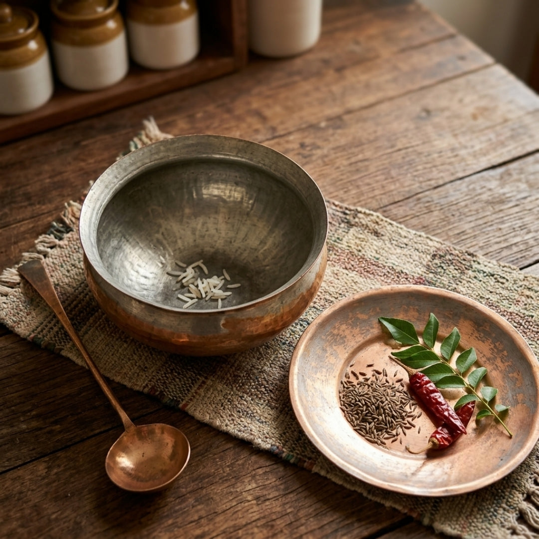 Antique Brass Cooking Deg with Ladle 3L | Traditional Heavy Culinary Pot and Serving Spoon Set | Made in 1973