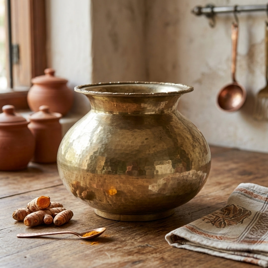 Antique Brass Kalash with Lid | Traditional Round Ritual Pot and Cover Set | Made in 1979