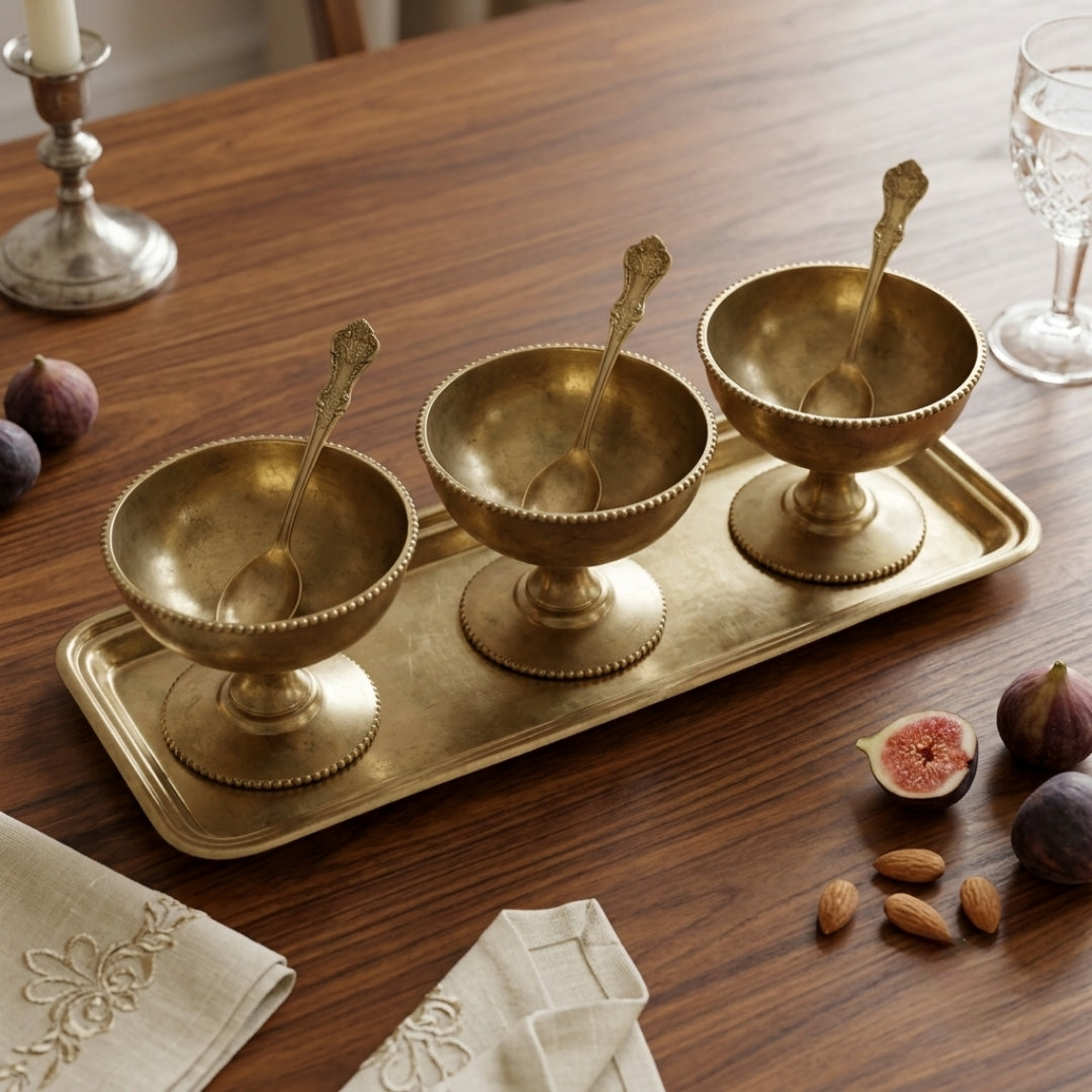 Antique Brass Dessert Set of 3 with Serving Tray | Pedestal Bowl and Rectangular Platter Collection | Made in 1971