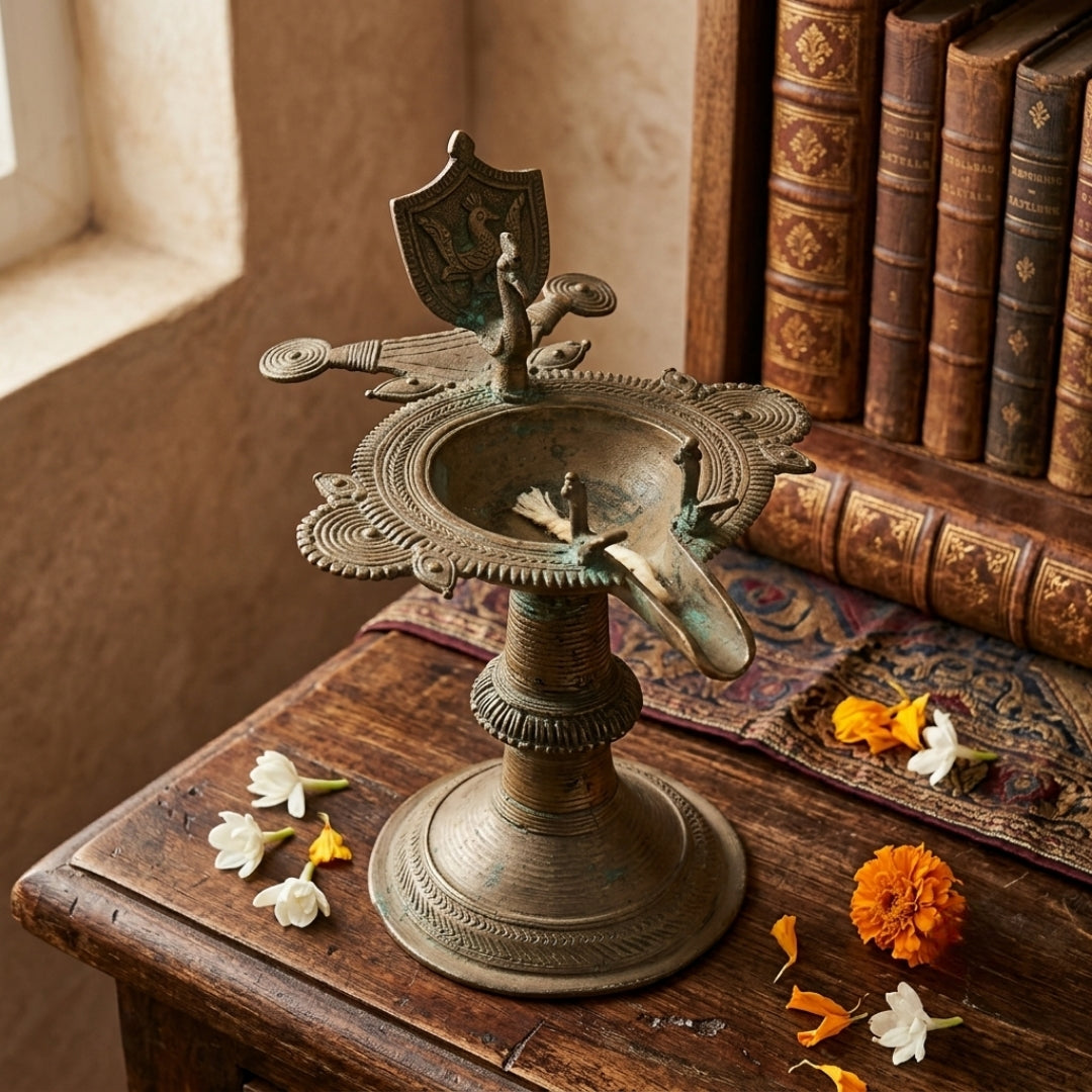 Antique Brass Peacock Diya | Ceremonial Oil Lamp Stand | Made in 1968