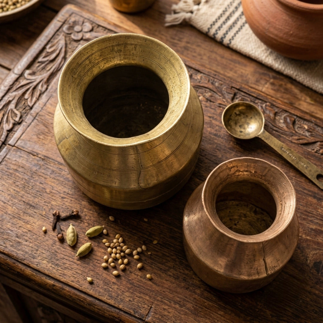 Antique Brass Small Kalash Pair | Traditional Ritual Pot Set | Made in 1972